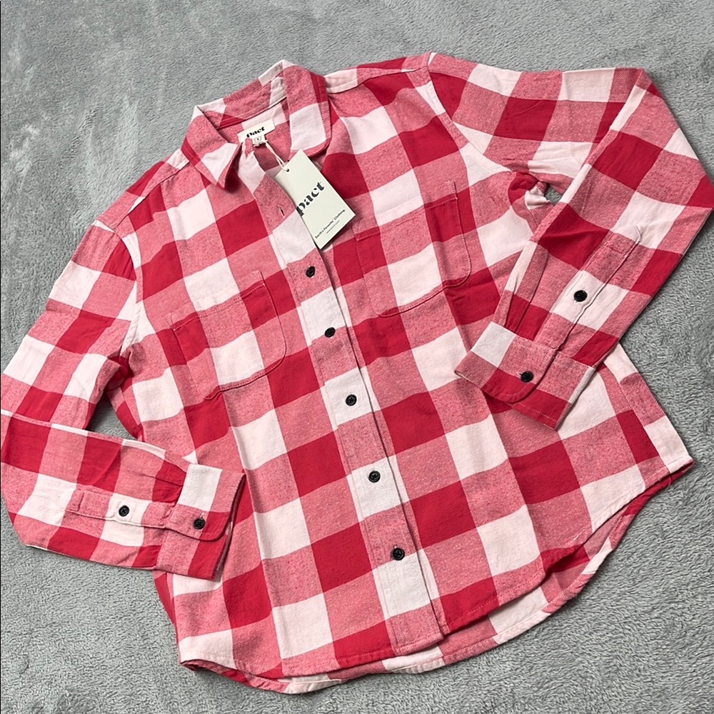 NEW PACT S 100% Organic Cotton Red Plaid Gingham Mila Flannel Button-Up Shirt